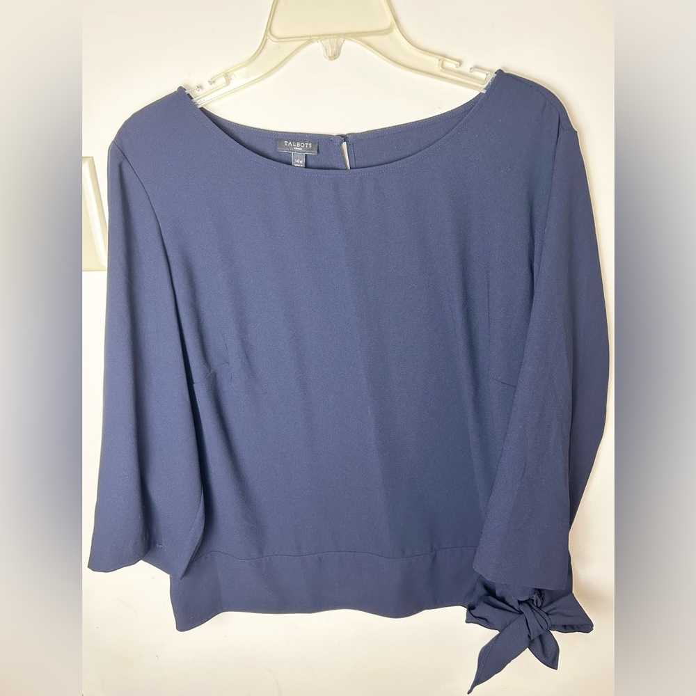 Talbots Blouse Top Poplin Side Tie‎ Women’s 14W Navy Minimalist Sophisticated